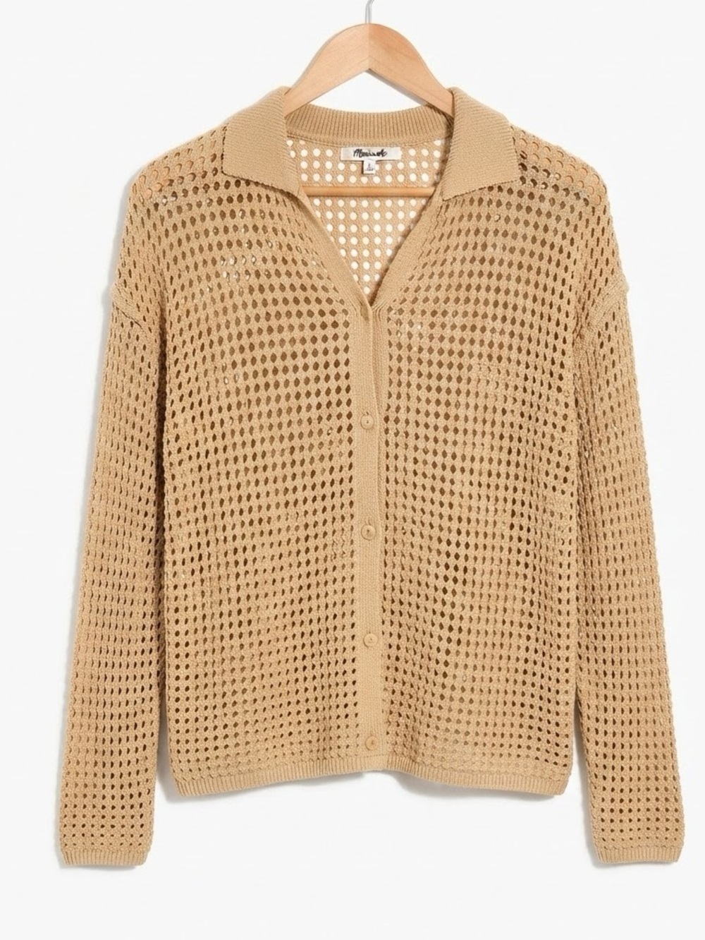 Madewell Open-Stitch Polo Cardigan Sweater Tan Size S NO987